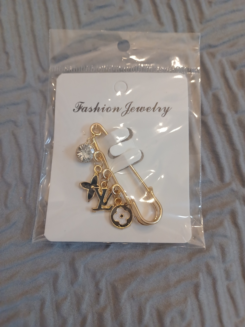 Gold Safety Pin Charm Brooch with White Enamel and Crystal Accent